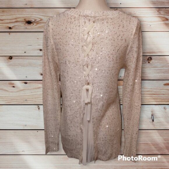 Time and Tru cream with gold sequins mixed media lace up back sweater size small - Picture 2 of 4